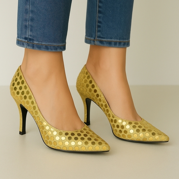 80s "Disco Ball" Gold Heels By Wild Nights Metallic Lurex Polka Dot Size 8 - Picture 1 of 17